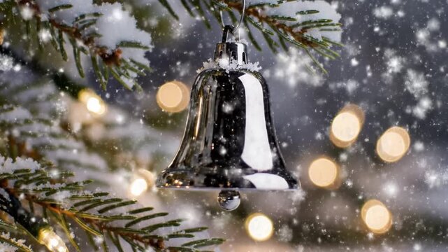 Silver bell decoration hanging on snowy pine branch with glowing lights and snow falling creating festive winter background full of glowing light and joyful holiday spirit christmas background