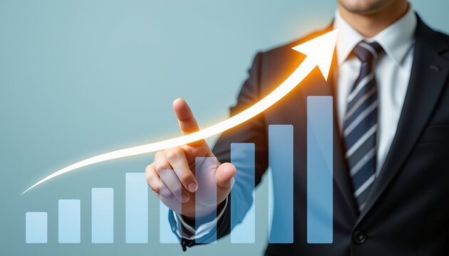 Businessman in Suit Pointing at Rising Graph with Arrows and Bars Indicating Success and Growth in Financial Market and Economy