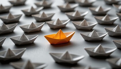 Unique Orange Paper Boat Surrounded by White Paper Boats on a Grey Surface with Soft Lighting