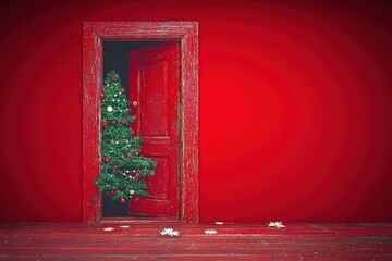 Christmas ad concept: door ajar with tree peeking on red background for social media