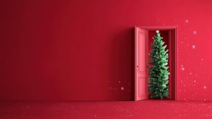 Christmas ad with open door and tree emerging on red background for social media