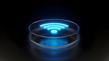 Glowing blue Wi-Fi symbol illuminated inside a petri dish against a dark background, representing connectivity and research