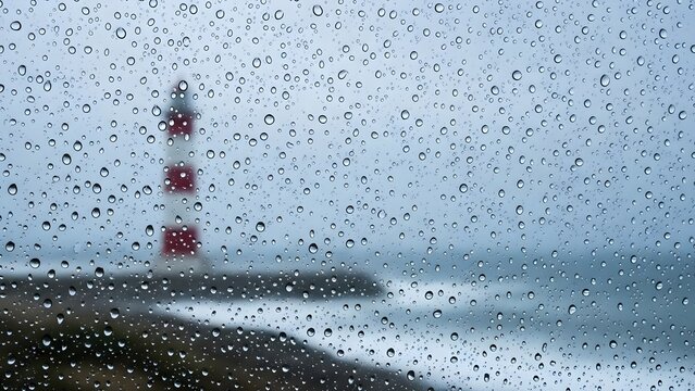 Fototapeta Serene view of a coastal lighthouse and the ocean on a gloomy, rainy day, seen through a window covered in water drops