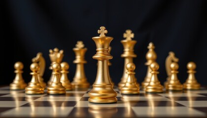 Golden chess pieces in focus on a checkered board with a dark background showcasing strategy and competition in a classic game
