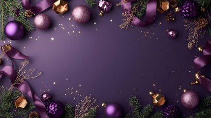 Festive purple Christmas background featuring elegant ornaments, sparkling glitter, pine branches, and ribbons. Ideal holday season template for winter promotions, banners, and greetings.