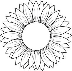 Round Sunflower Frame with Empty Center and Detailed Petals, Black Line Art Vector Illustration, Floral Wreath Design Element for Logo, Monogram, or Border