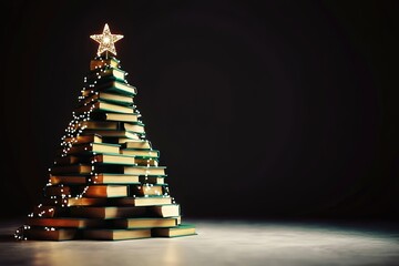 Book Christmas tree with fairy lights and star on dark background, right text space
