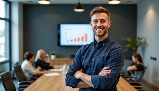 Confident young man standing in a modern conference room with team members engaged in a business meeting and presentation visuals behind