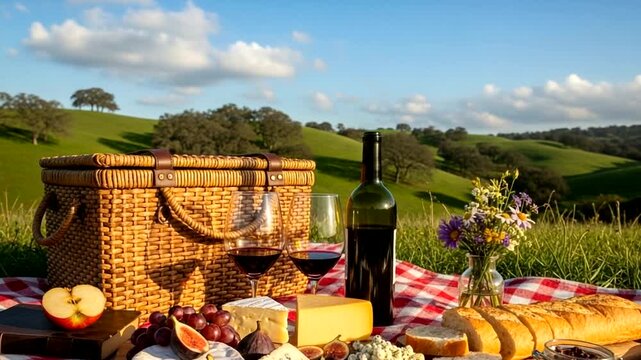 Elegant picnic scene featuring gourmet food, red wine and beautiful scenic backdrop, perfect for