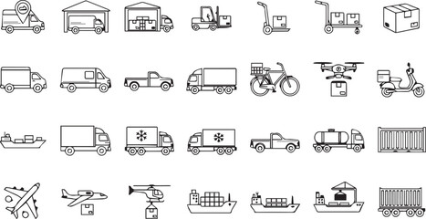 Logistics and Transportation Line Icons Set. Shipping, delivery, supply chain, and warehouse vector symbols.