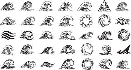 Black and white vector set of ocean wave crests and water swirls isolated on white background