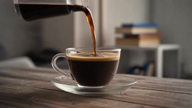 A slow-motion shot captures the gentle pouring of coffee into a clear glass cup. The visual style is elegant and refined, emphasizing the fluidity and artistry of the pouring motion.