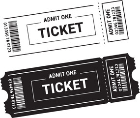 Black and white Admit One tickets with barcode isolated on white background