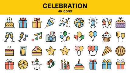 A Vibrant Collection of 40 Celebration Icons, Featuring Gifts, Cakes, Balloons, and Party Elements