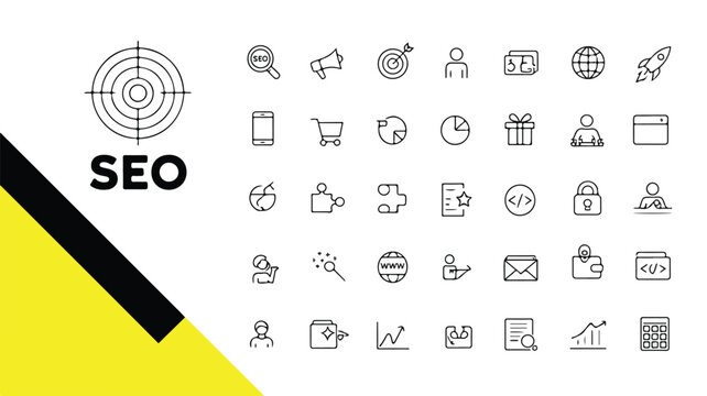 A comprehensive collection of minimalist line icons representing various aspects of search engine optimization and digital marketing strategies for online business growth and success