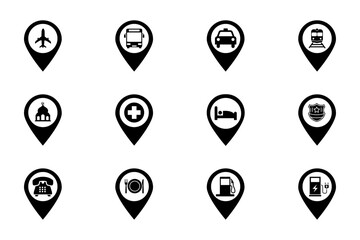 Public facility location pointer set on white background. Symbol of station, restaurant, hospital, hotel, airport, public facilities. Set vector line icons of public facility