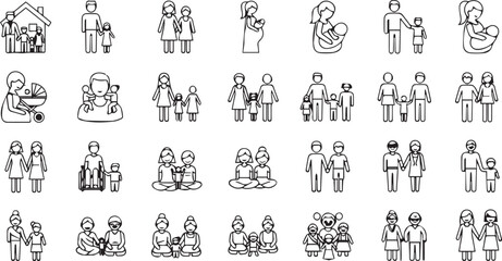 Simple Family Types Vector Icon Set Line Art Style for UI UX Design.
