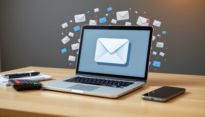 Modern Laptop with Email Icon and Notifications on Wooden Desk in Bright Office Setting