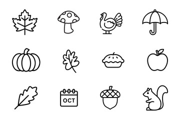 Autumn icons set on white background. Symbol of autumn, maple leaf, pumpkin, apple, squirrel, pie, turkey, mushroom, acorn. Set vector line icons of autumn