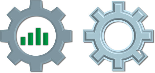 Two metallic gears with a bar graph inside one on black