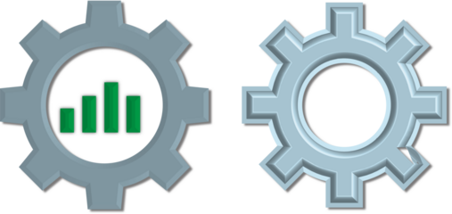 Two metallic gears with a bar graph inside one on black