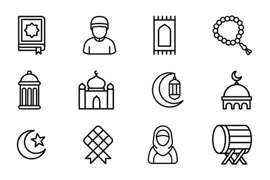 Islamic icons set on white background. Symbol of moslem, mat prayer, mosque, lantern, The Holy Quran. Set vector line icons of Ramadan Kareem