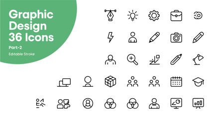 A comprehensive collection of 36 minimalist graphic design icons, presented in a clean and professional grid layout, ideal for digital and print projects