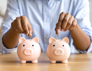 Person dropping coins into two piggy banks, symbolizing savings and finances
