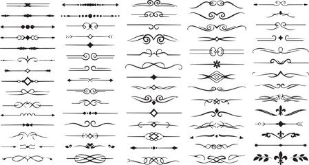 Large set of vector ornamental line dividers and calligraphic flourishes isolated on white background