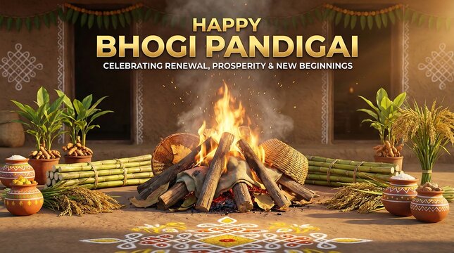Happy bhogi pandigai celebration with bonfire and traditional decorations
