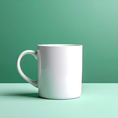 Plain white ceramic mug against a teal background, angled