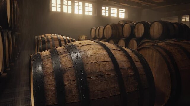 An aged wooden whiskey barrel rests in a dim rickhouse, surrounded by stacked oak barrels. Fine droplets of condensation form on its surface, highlighting the atmosphere of aging spirits