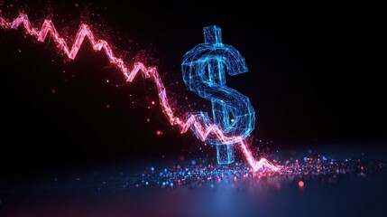 A digital image of a downward-trending graph overlaid on a glowing dollar sign against a dark backdrop. ..Created with Generative AI, not depicting real subjects.
