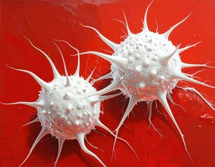 Two white spiky spheres on red. Abstract