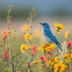 A fairy-like bluebird among ripe wildflowers, clear with a beautiful background.