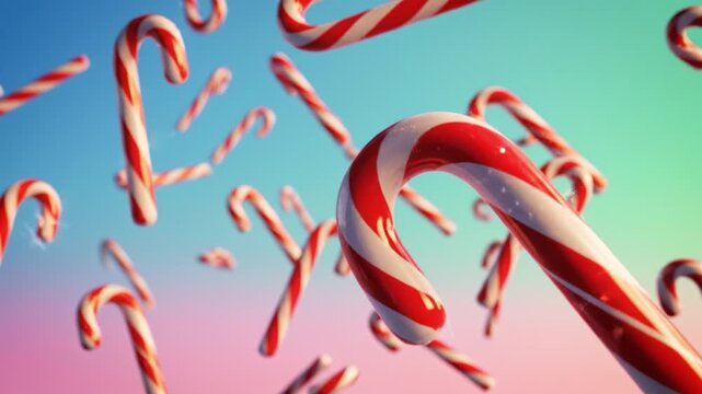 Candy cane Christmas candy with red and white stripes floating in colorful sky creating festive holiday sweet treat seasonal decoration joyful atmosphere full of festive spirit christmas background