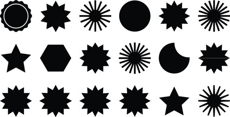 Set of Black Silhouette Geometric Shapes, Starburst Badges, Stars, Sunburst Icons, Hexagon, and Circle Abstract Graphic Design Elements