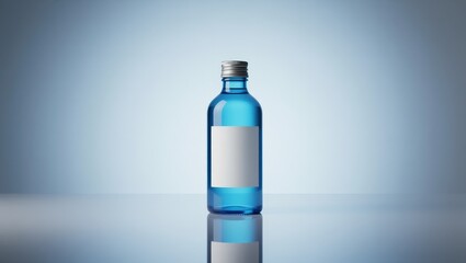 Blue glass bottle with blank label on gradient background