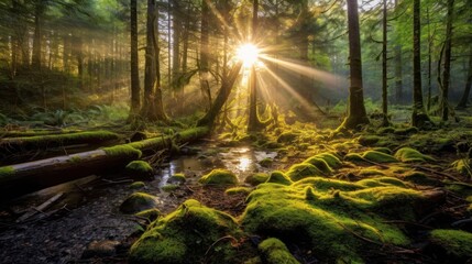 Obraz premium Sunlight streaming through a lush green forest with moss-covered rocks and a small stream.