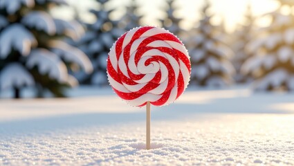 Red and white lollipop in snowy landscape