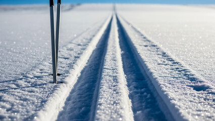 Ski poles on snowy trail close-up, symbol of winter adventure