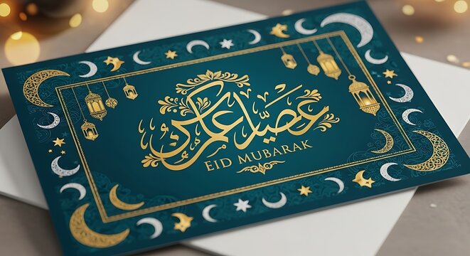 Eid mubarak greeting card with festive illustrations and calligraphic text - Powered by Adobe