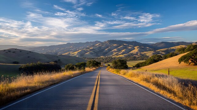 Empty scenic road through rolling hills and mountains under a vast blue sky with clouds.