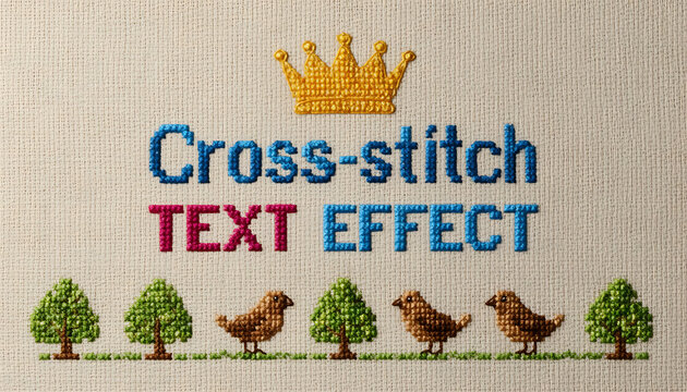 Cross-stitch text effect design with trees, birds, and a golden crown decoration for crafts and design