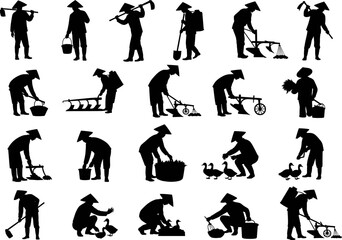 Obraz premium Asian Farmer and Agricultural Silhouettes Set Vector Illustration, Featuring Rice Workers, Farm Tools, Ducks, and Plowing Equipment, Traditional Farming Graphic Collection.