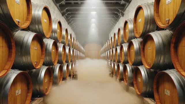 Rows of stacked oak barrels line a narrow corridor in a rickhouse, illuminated by shifting light as the camera moves through the warm wooden space, highlighting the textures