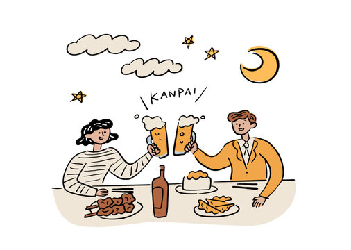 居酒屋での飲み会、忘年会や新年会、打ち上げなどのビールを楽しむビジネスマンの人物の手描きのベクターイラスト素材 Hand-drawn Japanese Izakaya Scene - Friends toasting with beer at night, traditional izakaya illustration.