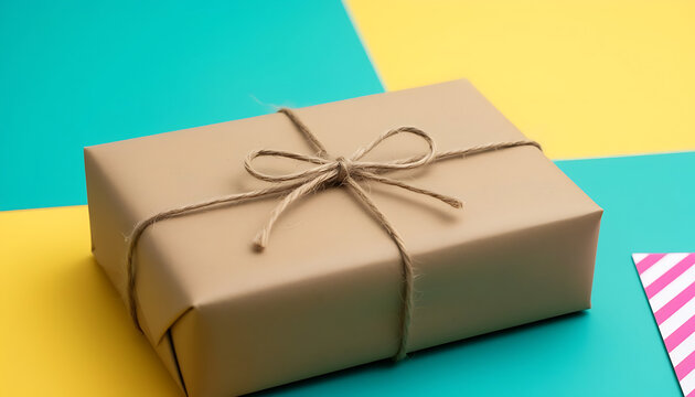 Wrapped Gift Box with Ribbon on Colorful Background, Concept of Giving and Celebrating a Special Day or Event