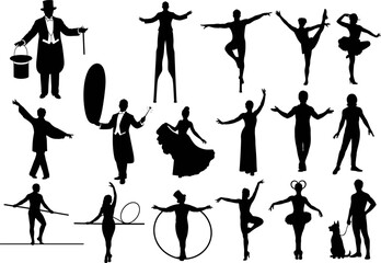 Collection of circus and performance silhouette figures featuring magicians, dancers, acrobats, stilt walkers, and balance acts, perfect vector elements for creative design, 