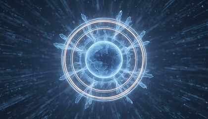 Abstract futuristic design with a glowing sphere and energy rings in a technological background concept